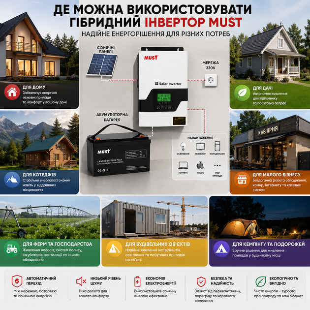 Комплект резервного питания MUST PV18-1012VPM II 1000W + LiFePO4 аккумулятор 12.8V 100Ah с Wi-Fi модулем мониторинга MUST PLUG V2.0, гибридный инвертор с чистой синусоидой для квартиры и дома для бесперебойного питания - изображение 6