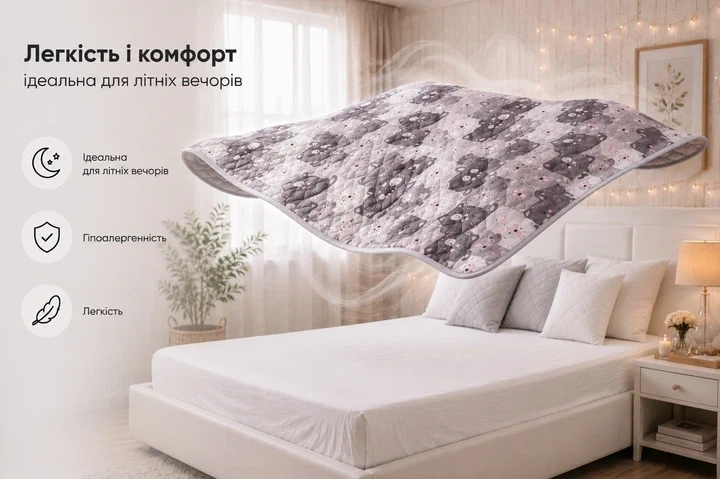 Ковдра Руно літня полуторна 140x205 см антиалергенне волокно Grey Cat (Р321.52СЛКУ_Grey Cat) - Фото 2 Ковдра Руно літня полуторна 140x205 см антиалергенне волокно Grey Cat (Р321.52СЛКУ_Grey Cat) - зображення 2