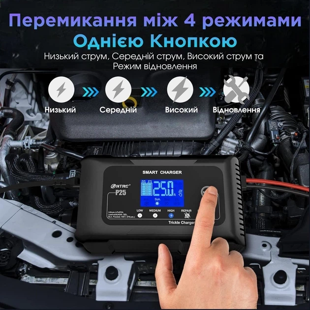 Автоматическое автомобильное зарядное устройство HTRC P25 Импульсное, функция ремонта Repair, десульфатор 12V 25A-24V 13A LiFePO4, AGM, GEL, EFB, WET (19525) - изображение 6