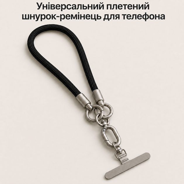 Плетеный шнурок-ремень на руку для телефона с металлическим карабином и Т-образным адаптером, черный - Фото 2 Плетеный шнурок-ремень на руку для телефона с металлическим карабином и Т-образным адаптером, черный - изображение 2