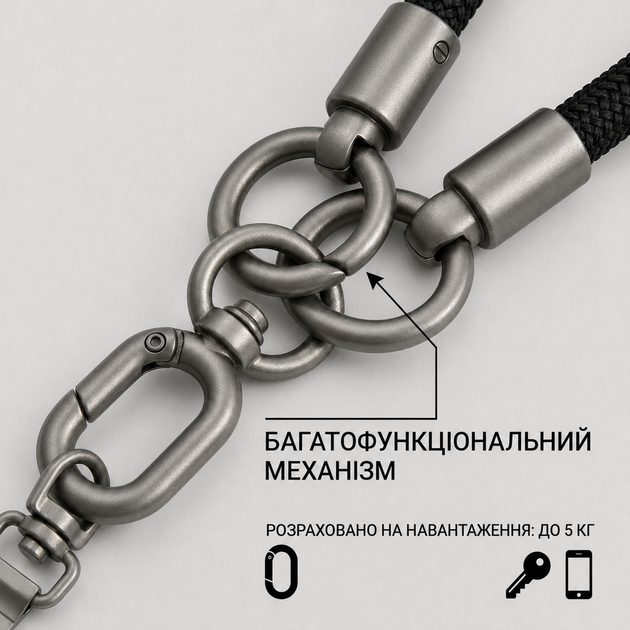 Плетеный шнурок-ремень на руку для телефона с металлическим карабином и Т-образным адаптером, черный - Фото 4 Плетеный шнурок-ремень на руку для телефона с металлическим карабином и Т-образным адаптером, черный - изображение 4