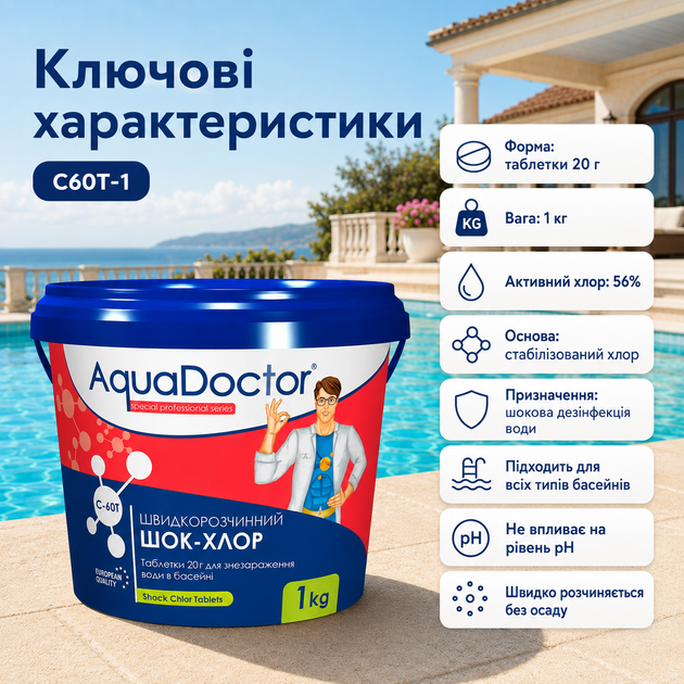 Засіб для ударного хлорування води AquaDoctor швидкий шоковий хлор в таблетках по 20 г 1 кг - зображення 4