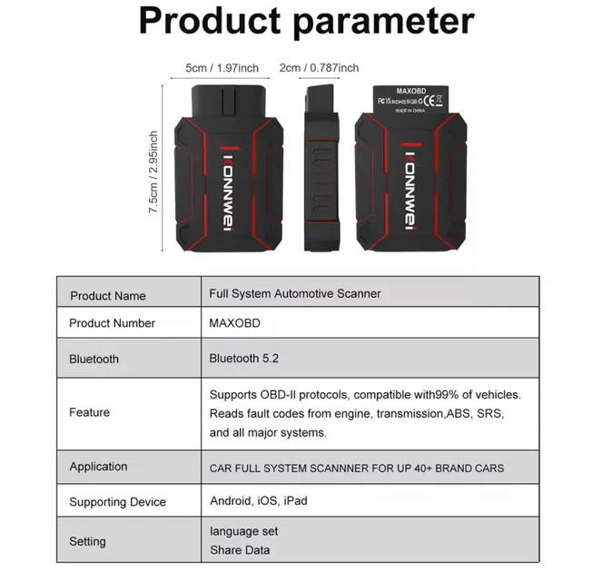 Автосканер KONNWEI MAXOBD Bluetooth – универсальный диагностический OBD2 адаптер - изображение 5
