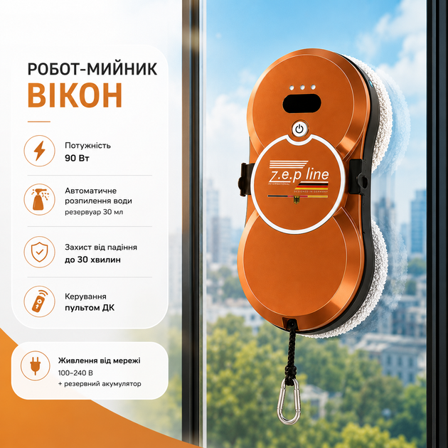 Робот для мойки окон Zepline ZP-00375 автоматический мойщик стекла с распылением воды пультом ДУ и резервным аккумулятором 90 Вт Оранжевый - Фото 1 Робот для мойки окон Zepline ZP-00375 автоматический мойщик стекла с распылением воды пультом ДУ и резервным аккумулятором 90 Вт Оранжевый - изображение 1