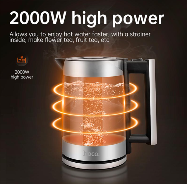 Электрочайник HOCO HA01A Kitchen high boron glass electric kettle, 1.8L, 2000W, silver - изображение 9