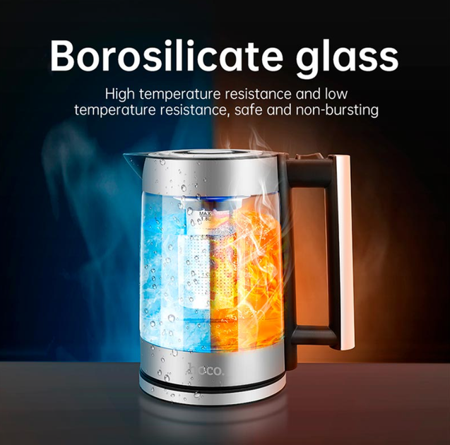 Электрочайник HOCO HA01A Kitchen high boron glass electric kettle, 1.8L, 2000W, silver - изображение 10