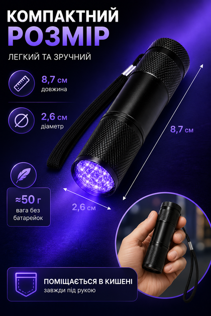 Мини УФ-фонарик 9 LED 395–400 нм ультрафиолетовый - Фото 3 Мини УФ-фонарик 9 LED 395–400 нм ультрафиолетовый - изображение 3