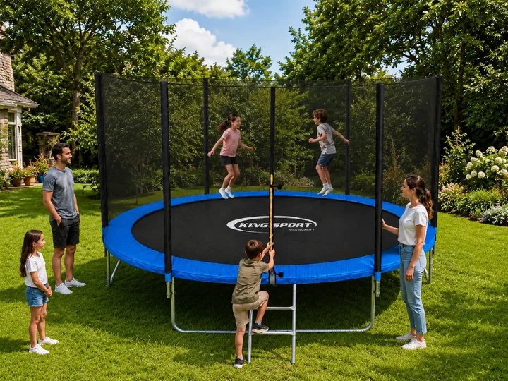 Батут King Sport 435 см 14 FT просторное и надежное игровое пространство для детей и взрослых - с лестницей, наружная сетка - изображение 8