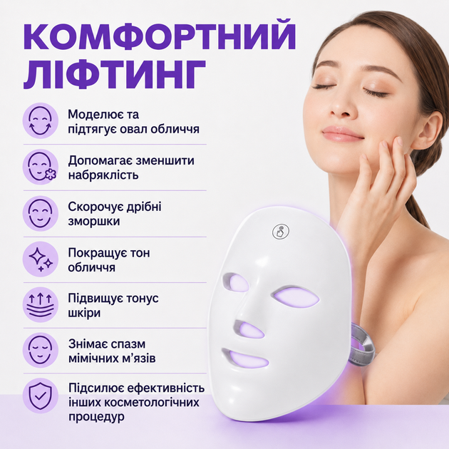 Косметологическая LED-маска для лица с 7 режимами света и USB-питанием, белая - изображение 4