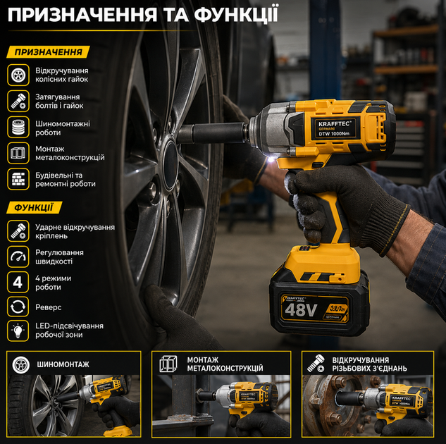 Аккумуляторный ударный гайковерт Krafftec Germani DTW 1000 Нм 48V 8Ah бесщеточный с двумя аккумуляторами набором инструментов и кейсом желтый - изображение 2