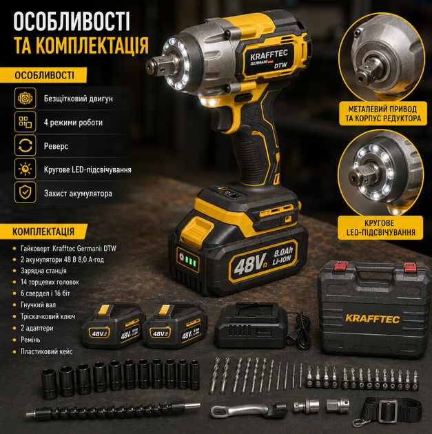 Аккумуляторный ударный гайковерт Krafftec Germani DTW 1000 Нм 48V 8Ah бесщеточный с двумя аккумуляторами набором инструментов и кейсом желтый - изображение 3