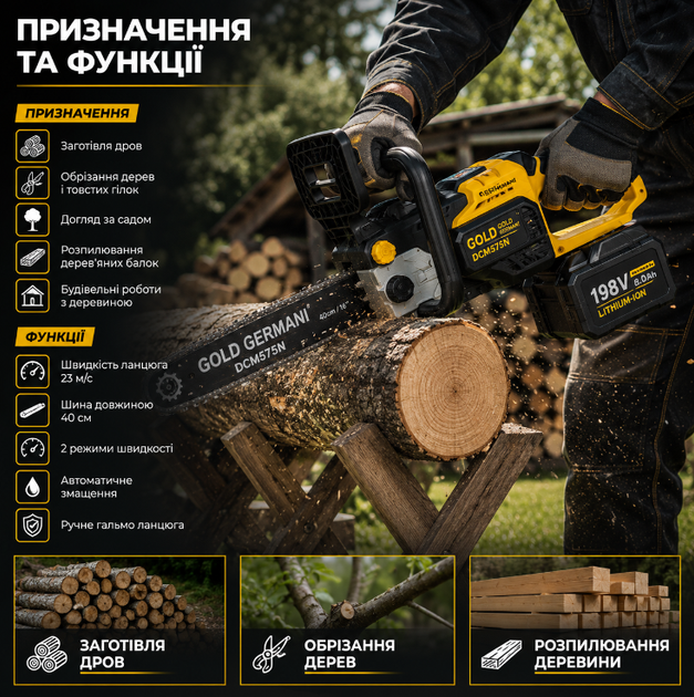 Аккумуляторная цепная пила Gold DCM575N 198V 8Ah 40 см бесщеточная с двумя аккумуляторами и двойным зарядным устройством - изображение 2