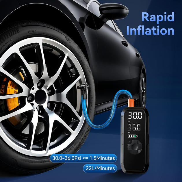 Портативный автомобильный компрессор 150 PSI 6000 мАч беспроводной + 12В, насос для шин, Power Bank, LED, автоотключение - изображение 3
