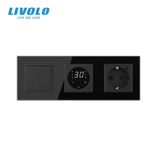 Терморегулятор LIVOLO с 2-кнопочным выключателем и розеткой USB Type-C черное стекло - изображение 3