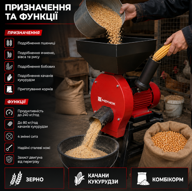 Кормоизмельчитель зернодробилка КМ-3500 ГКУ 3500 Вт для зерна бобовых и целых початков кукурузы - изображение 2