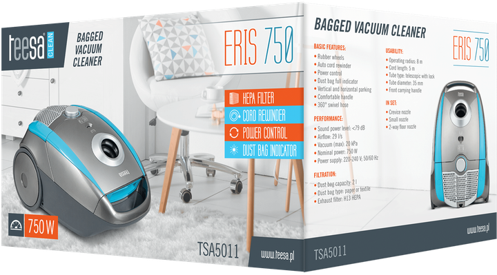 Пилосос для сухого прибирання Teesa Eris 750 (TSA5011) - Фото 7 Пилосос для сухого прибирання Teesa Eris 750 (TSA5011) - зображення 7