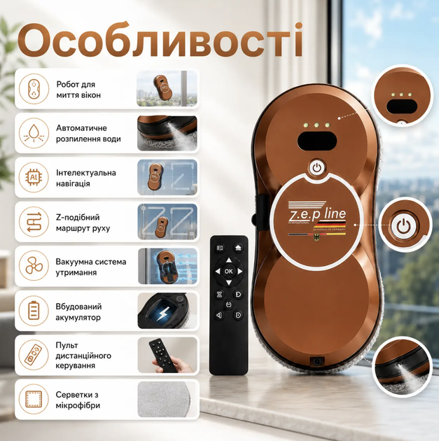 Робот для мойки окон Zepline с автоматическим распылением воды, вакуумным удержанием, интеллектуальной навигацией и пультом дистанционного управления - изображение 2