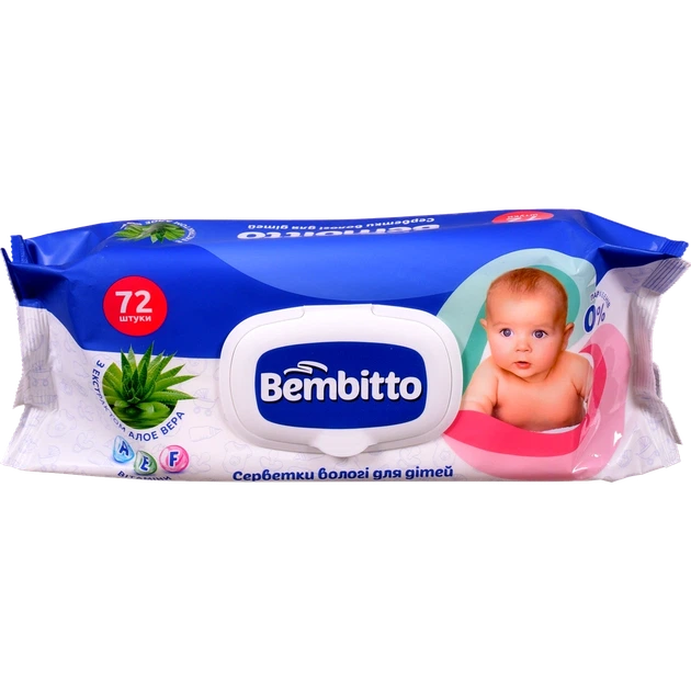 Серветки вологі для дітей Bembitto 72 шт. з екстрактом алое вера - Фото 1 Серветки вологі для дітей Bembitto 72 шт. з екстрактом алое вера - изображение 1