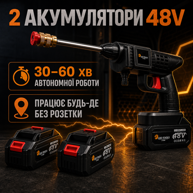 Портативная аккумуляторная мойка 48 В, аппарат высокого давления 60 бар для автомобиля, окон, плитки и двора, 2 аккумулятора по 5 Ач, шланг 5 м, чемодан - изображение 2