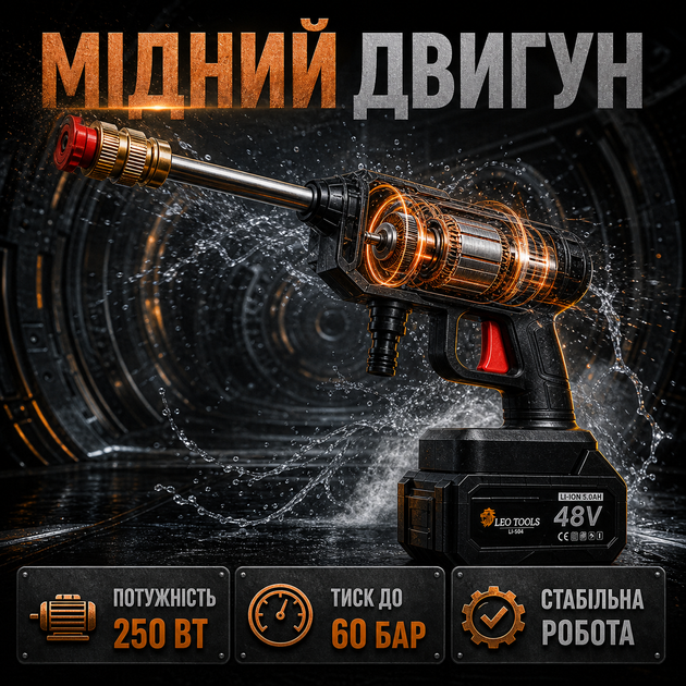 Портативная аккумуляторная мойка 48 В, аппарат высокого давления 60 бар для автомобиля, окон, плитки и двора, 2 аккумулятора по 5 Ач, шланг 5 м, чемодан - изображение 5