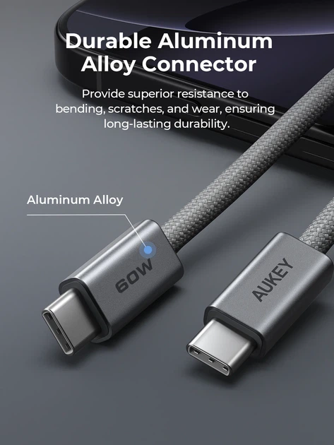 Kabel Aukey 60 W USB Type-C – USB Type-C 1 m Grey (CB-DCC061) - obraz 3