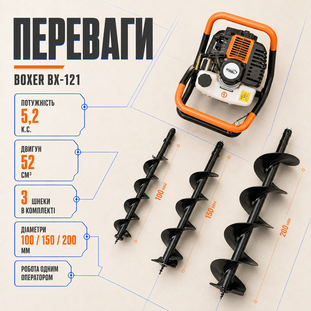 Бензиновый мотобур Boxer BX-121 для бурения отверстий под столбы, заборы, опоры и саженцы - изображение 2