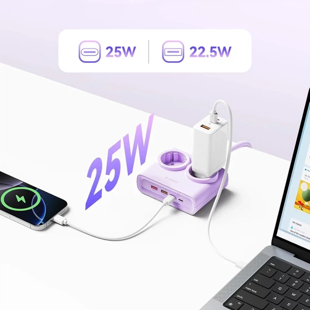 Блок живлення Orico PDC25 25W 6в1 2xAC + 2xUSB-A + 2xUSB-C Purple - зображення 3