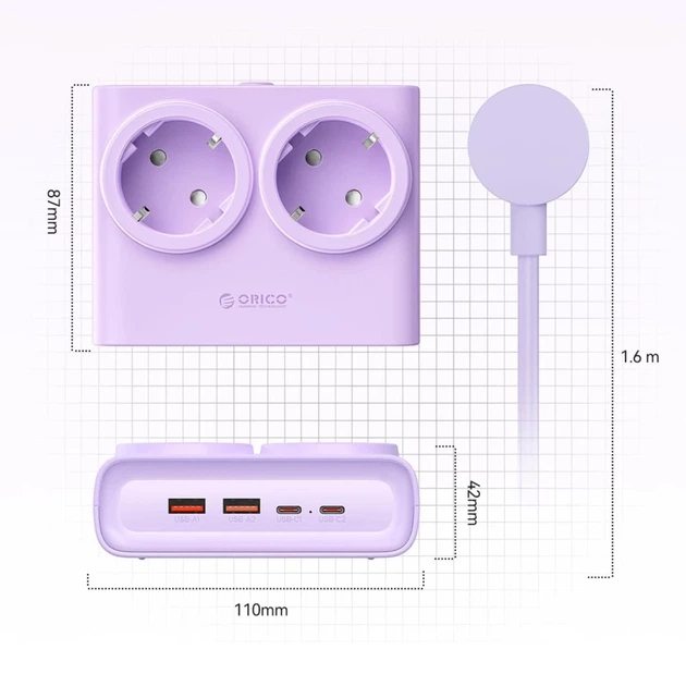 Блок живлення Orico PDC25 25W 6в1 2xAC + 2xUSB-A + 2xUSB-C Purple - зображення 5