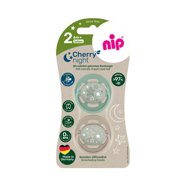 Пустышка латексная круглая для детей от 6 месяцев NIP Cherry Night арт. 91035-51 2 шт. зеленый/бежевый - Фото 1 Пустышка латексная круглая для детей от 6 месяцев NIP Cherry Night арт. 91035-51 2 шт. зеленый/бежевый - изображение 1