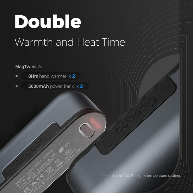 Магнитные грелки для рук OCOOPA MagTwins UT2s 2-в-1, Power Bank 10000 мАч (2×5000 мАч), 4 режима нагрева до 58°C, USB-C, Grey - изображение 5
