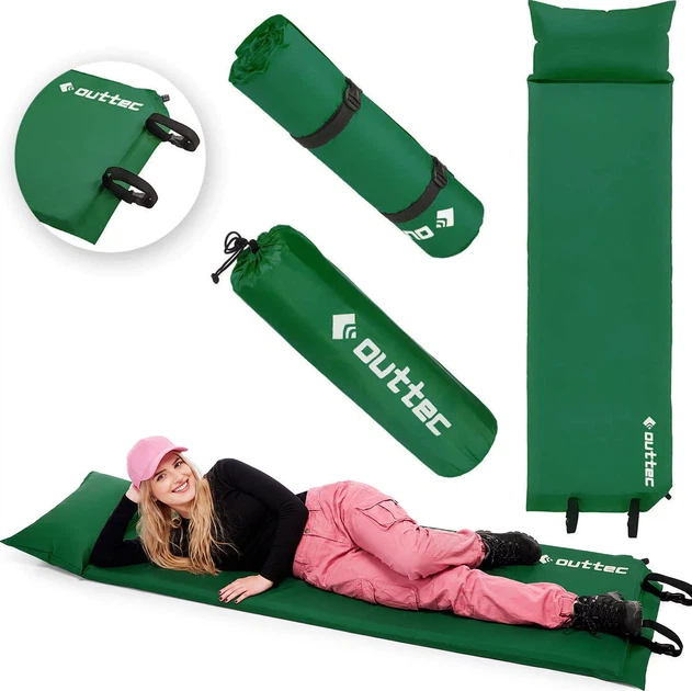 Килимок самонадувний Outtec Pillow 186 x 53 x 2,5 см з подушкою Зелений (5907766668374) - зображення 6