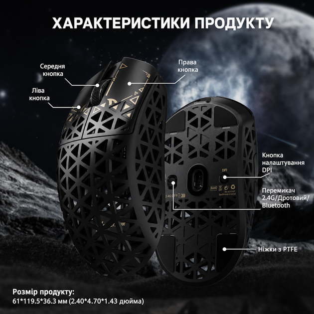 Бездротова ігрова мишка Attack SHARK R5 Ultra (8K Гц, 42000DPI, 2.4G, BT5.2, Type-C, PAW3950MAX, Чорний) - Фото 3 Бездротова ігрова мишка Attack SHARK R5 Ultra (8K Гц, 42000DPI, 2.4G, BT5.2, Type-C, PAW3950MAX, Чорний) - зображення 3