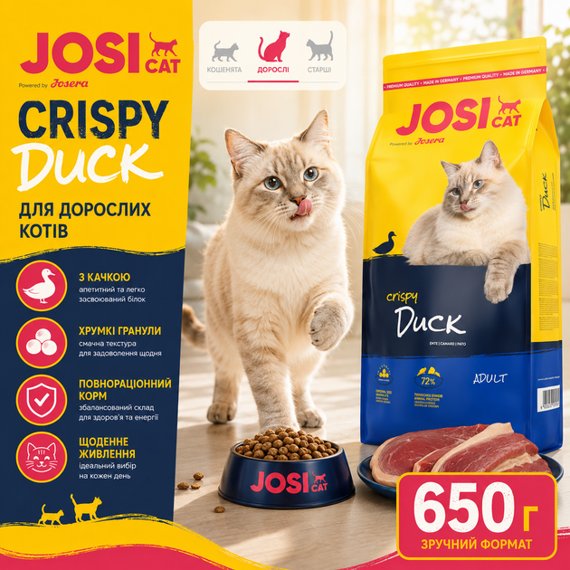 Сухой корм для взрослых кошек Josera JosiCat Crispy Duck 650 г - Фото 1 Сухой корм для взрослых кошек Josera JosiCat Crispy Duck 650 г - изображение 1