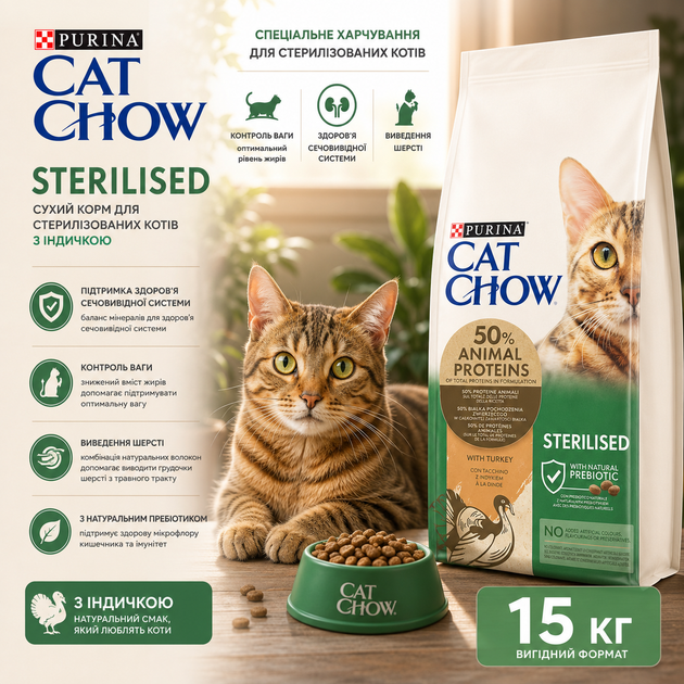 Сухой корм для взрослых стерилизованных кошек Purina Cat Chow Sterilised с индейкой 15 кг - Фото 1 Сухой корм для взрослых стерилизованных кошек Purina Cat Chow Sterilised с индейкой 15 кг - изображение 1