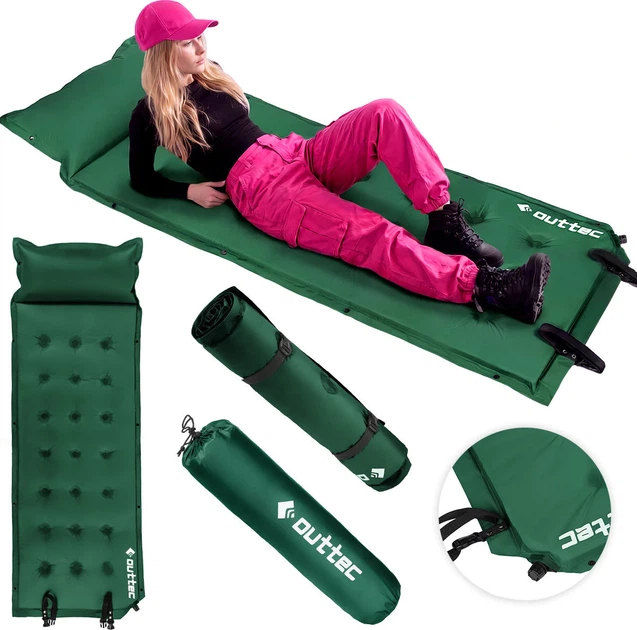 Килимок самонадувний Outtec Naps O-42406 193 x 68 x 3,5 см з подушкою Зелений (5905884424063) - зображення 7