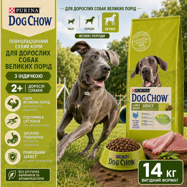 Сухой корм для взрослых собак больших пород Purina Dog Chow Adult Large Breed со вкусом индейки 14 кг - Фото 1 Сухой корм для взрослых собак больших пород Purina Dog Chow Adult Large Breed со вкусом индейки 14 кг - изображение 1