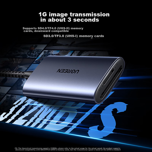 Кардрідер Ugreen SD/TF4.0 USB Type-C + USB-A для SD і TF (UHS-I/II) - зображення 3