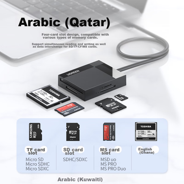 Картридер UGREEN CR125 USB 3.0 4-в-1 (SD/TF/CF/MS) с кабелем 0.5 м - Фото 2 Картридер UGREEN CR125 USB 3.0 4-в-1 (SD/TF/CF/MS) с кабелем 0.5 м - изображение 2