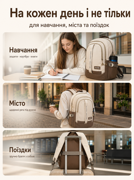 Рюкзак подростковый для студента школьный мужской спортивный женский стильный молодежный водонепроницаемый для подростка ноутбука путешествий портфель для мальчика девочки повседневный для города вместительный универсальный бежево-коричневый 74078 - изображение 5