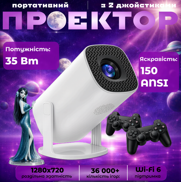 Портативный смарт проектор WiFi Android 11 720p 150 ANSI с 2 джойстиками пультом 36000 игр - Фото 1 Портативный смарт проектор WiFi Android 11 720p 150 ANSI с 2 джойстиками пультом 36000 игр - изображение 1