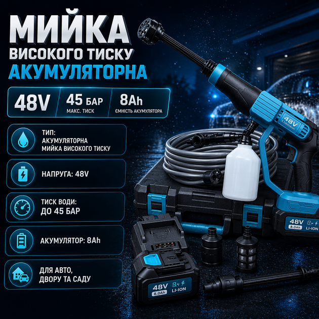 Аккумуляторная мойка высокого давления 48V, 45 Бар, 8Ah - Фото 2 Аккумуляторная мойка высокого давления 48V, 45 Бар, 8Ah - изображение 2