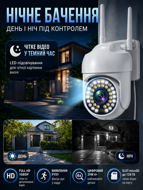 Вулична поворотна Wi‑Fi камера для відеонагляду з PTZ‑управлінням 350° по горизонталі та 90° по вертикалі Full HD 2 Мп IP66 підтримка microSD до 128 ГБ - зображення 4