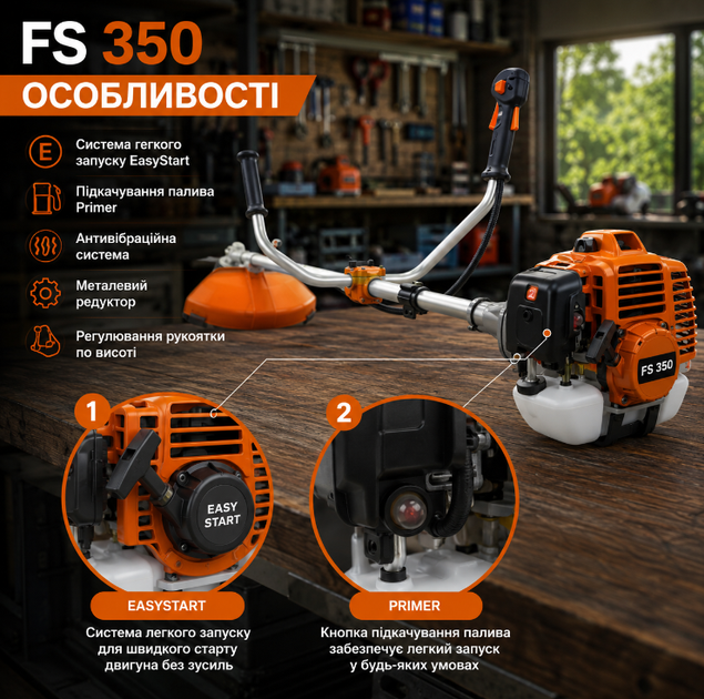 Бензокоса FS 350 52 см3 6 к с бензинова двотактна з ножем і волосінню для косіння трави бурянів чагарників та садових робіт - зображення 3