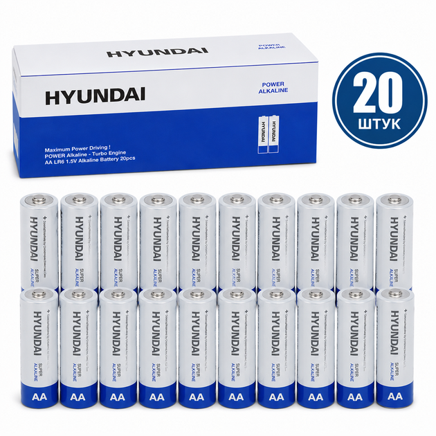 Батарейки Hyundai AA (LR6) Power Alkaline 1.5V, набор 20 шт. – щелочные батарейки для пультов, игрушек, фонарей - Фото 1 Батарейки Hyundai AA (LR6) Power Alkaline 1.5V, набор 20 шт. – щелочные батарейки для пультов, игрушек, фонарей - изображение 1