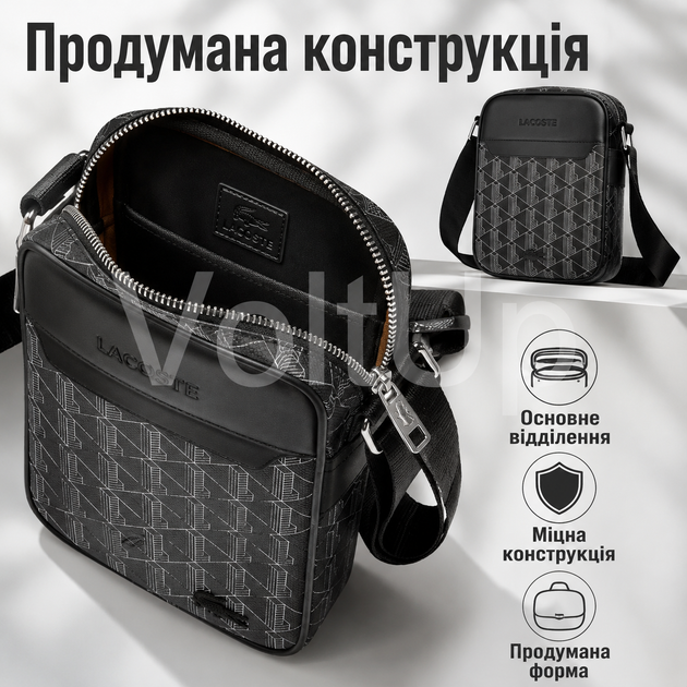 Мужская сумка через плечо Lacoste Monogram черная, компактная городская сумка кроссбоди Lacoste для телефона и документов - Фото 5 Мужская сумка через плечо Lacoste Monogram черная, компактная городская сумка кроссбоди Lacoste для телефона и документов - изображение 5
