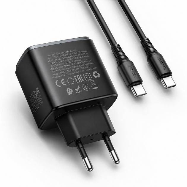 Мережевий зарядний пристрій Hoco C158A 45W PD 3.0 PPS QC3.0 USB-C + USB-A з кабелем Type-C to Type-C 1 м, чорний - зображення 4