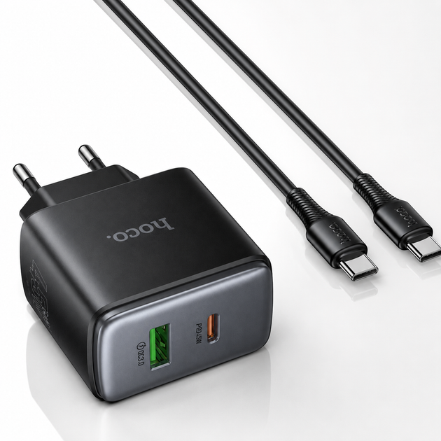 Мережевий зарядний пристрій Hoco C158A 45W PD 3.0 PPS QC3.0 USB-C + USB-A з кабелем Type-C to Type-C 1 м, чорний - зображення 5
