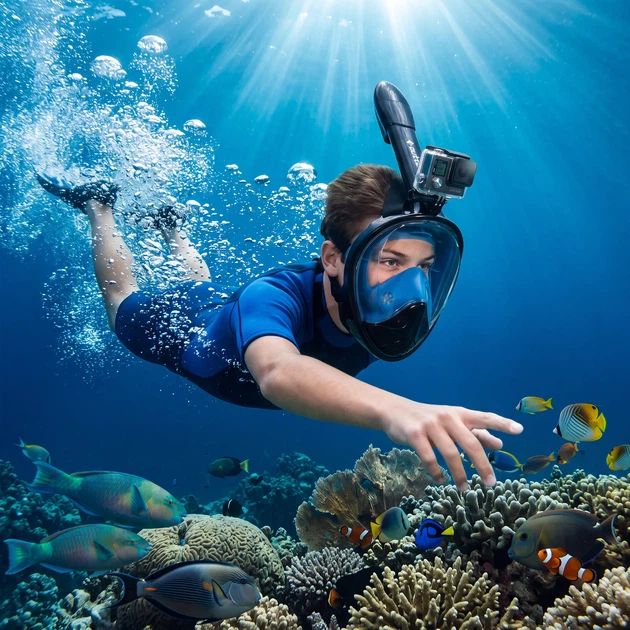 Maska do nurkowania pełnotwarzowa Outtec Aqua Explorer Pro O-05318 z fajką składaną Czarna (5905399053529) - obraz 11
