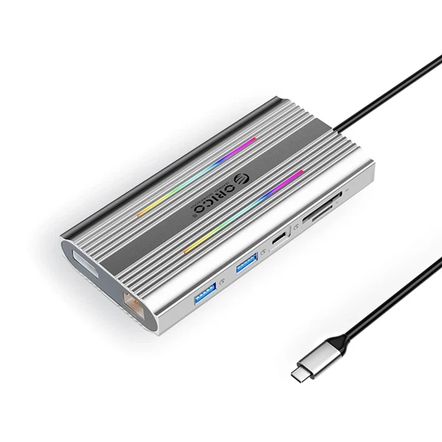 Док-станция USB-C Orico XDR 12-в-1 RGB USB-A USB-C 2×HDMI DisplayPort 4K RJ45 SD/microSD PD 100 Вт Silver (6941788803879) - Фото 1 Док-станция USB-C Orico XDR 12-в-1 RGB USB-A USB-C 2×HDMI DisplayPort 4K RJ45 SD/microSD PD 100 Вт Silver (6941788803879) - изображение 1