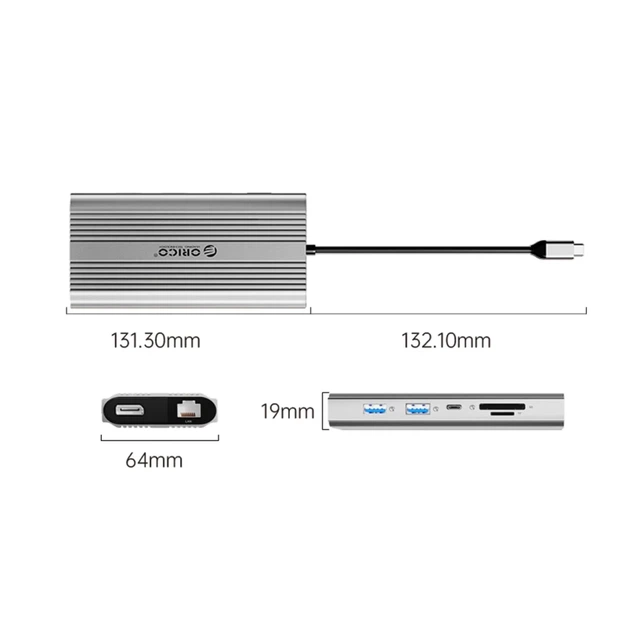 Док-станция USB-C Orico XDR 12-в-1 2×HDMI 4K RJ45 PD 100 Вт Silver (6941788804050) - изображение 2